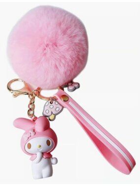 Cute My Melody Keychain With Fluffy Pom Pom & Pink Strap Charm Accessory